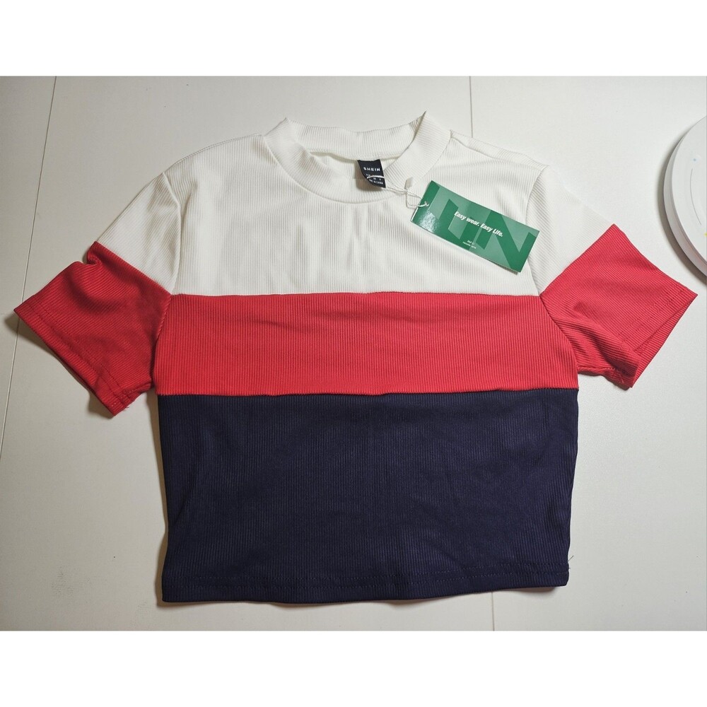 NWT Women’s Ribbed Knit Mock Neck Colorblock Cropped Top White/Red/Navy M